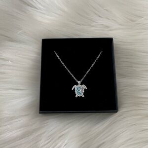 🐢 New Beautiful Mama Turtle Blue Rhinestone Silver Chain Necklace